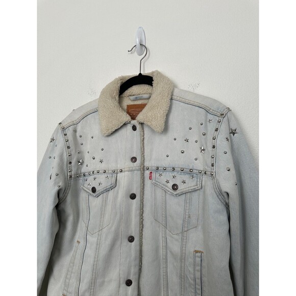 Levis Ex-Boyfriend Sherpa Lined Studded Stars Denim Trucker Jacket Women Medium - Picture 2 of 13